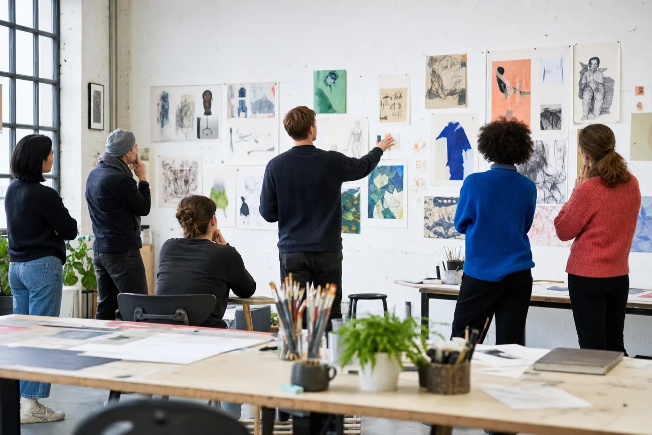 Tutor and learners discussing artwork in an ArtPath Academy critique session