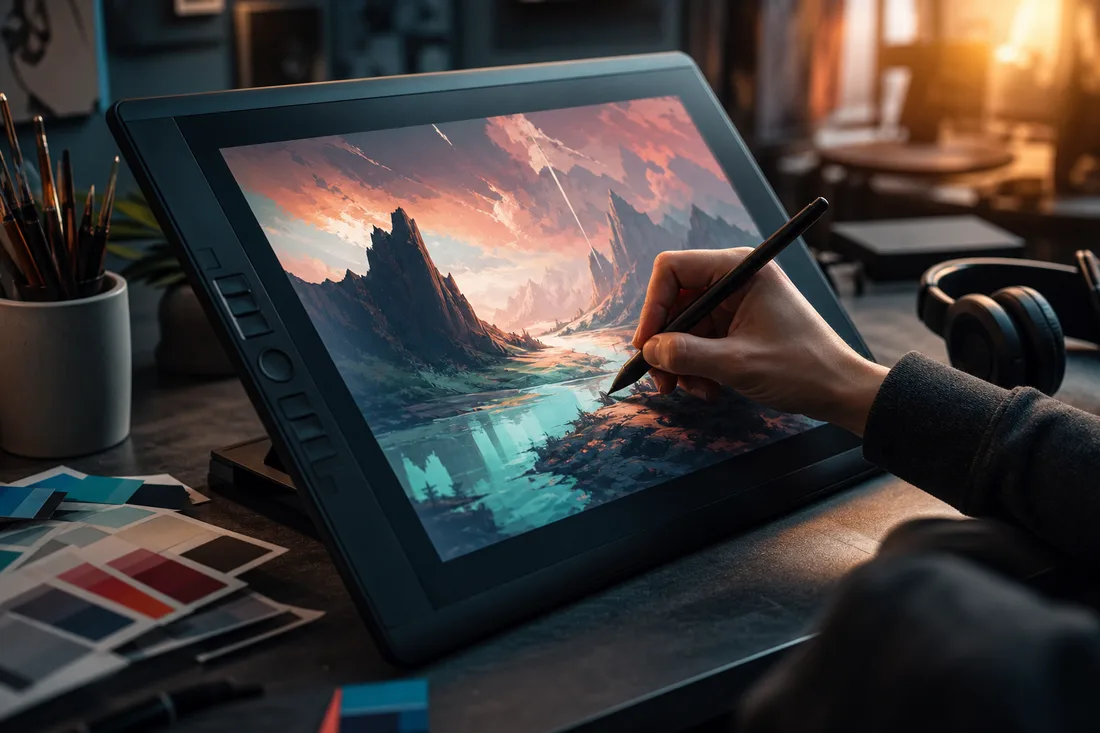 Hand painting a landscape on a digital drawing tablet