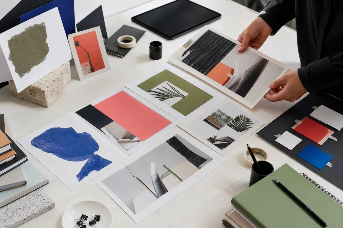 Hands reviewing printed creative portfolio pages on a studio table